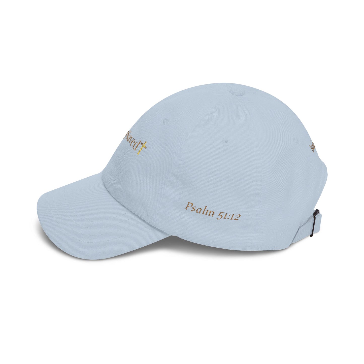 Classic "Dad" Cap, Cross logo with verses — Embroidered Christian Baseball Hat, Gold text