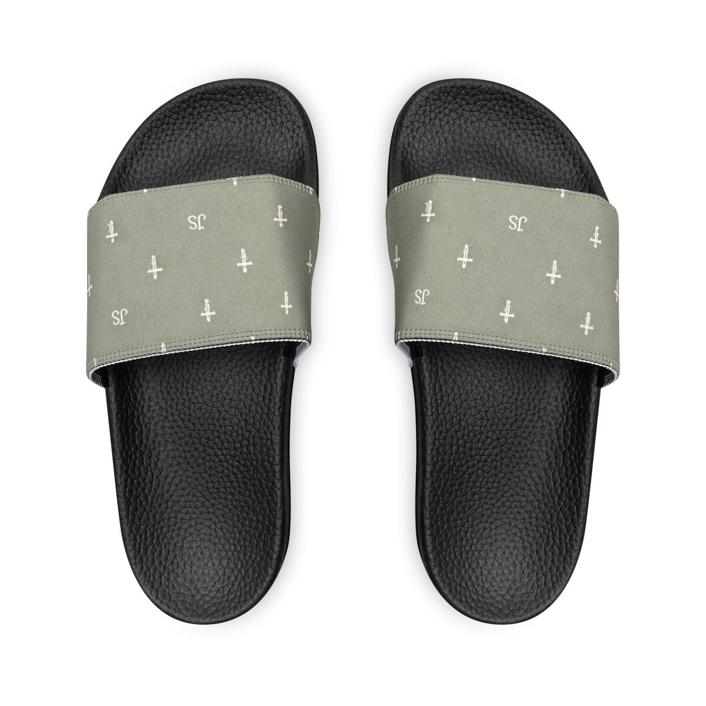 Christian Cross Slides — Youth Removable-Strap Sandals with Sage Cross Pattern