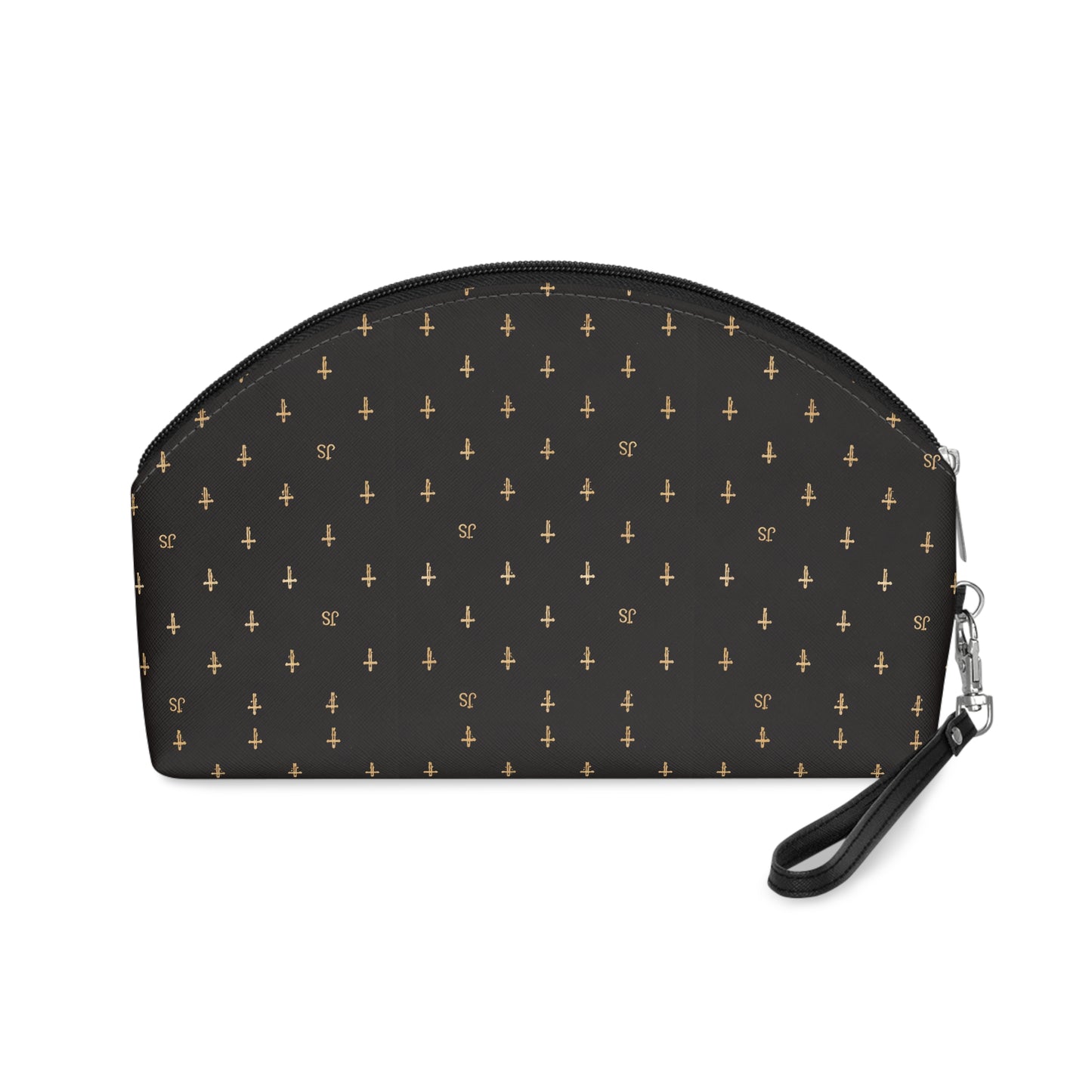 Gold Cross Pattern Makeup Bag — "Joyfully Saved" Black Cosmetic Pouch