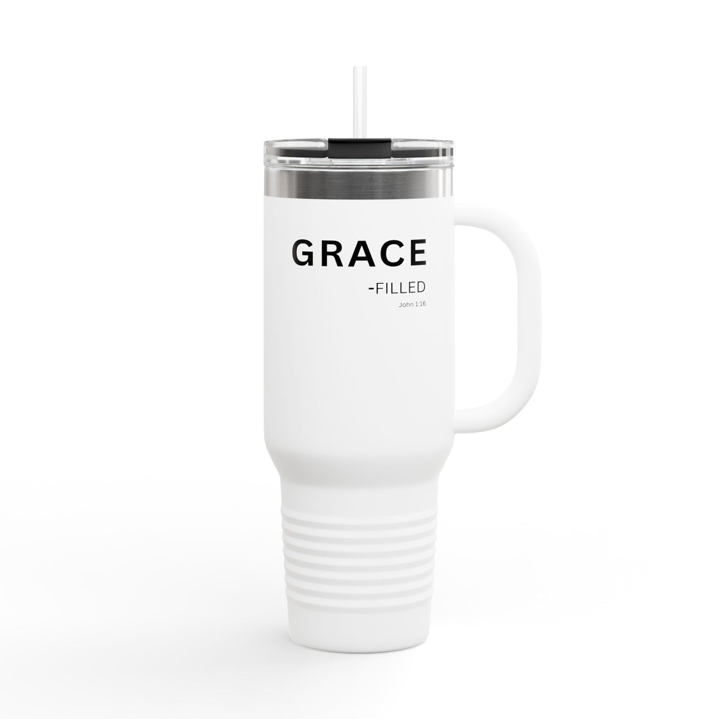 GRACE-filled Insulated 40oz Travel Mug —Christian Faith Declaration John 1:16 - white text