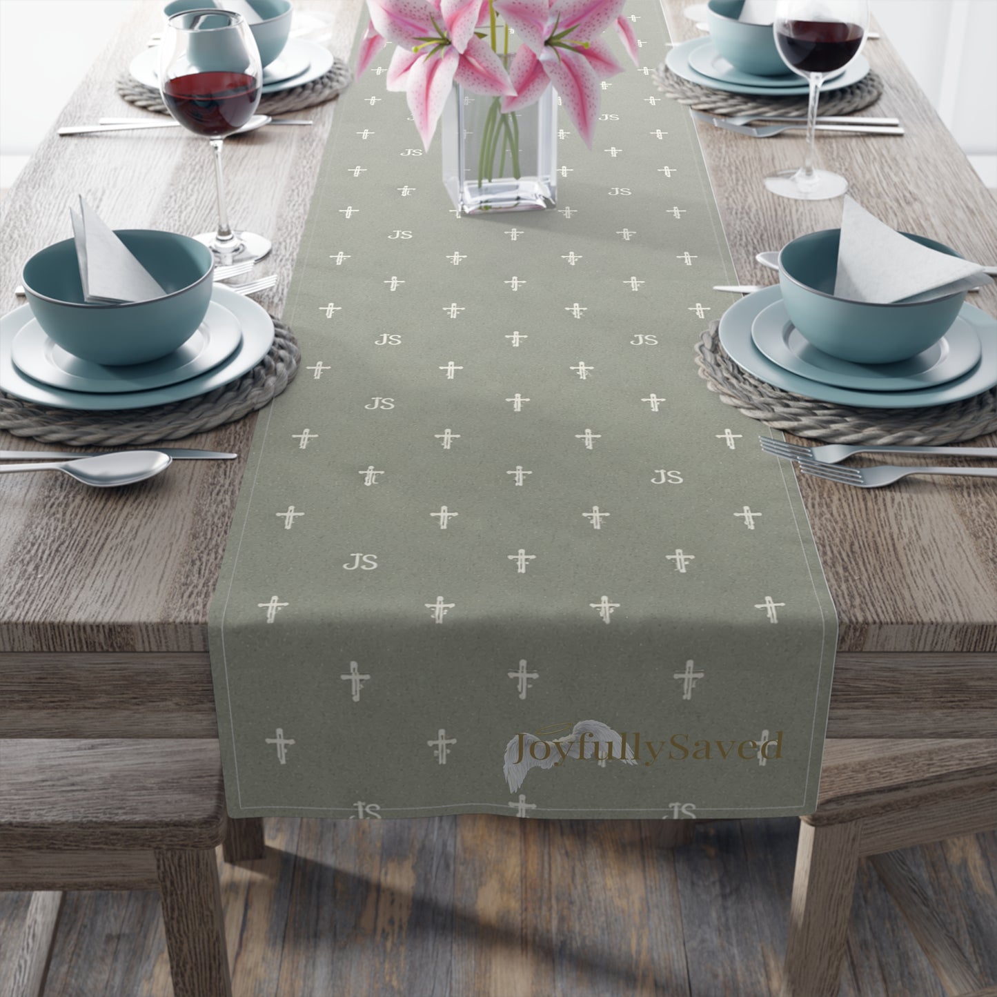 Signature Cross Table Runner, Sage — JoyfullySaved Faith-Inspired Cotton/Poly Decor