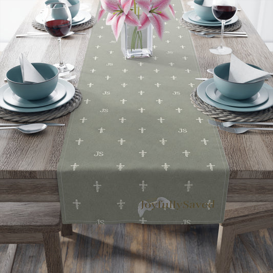 Signature Cross Table Runner, Sage — JoyfullySaved Faith-Inspired Cotton/Poly Decor