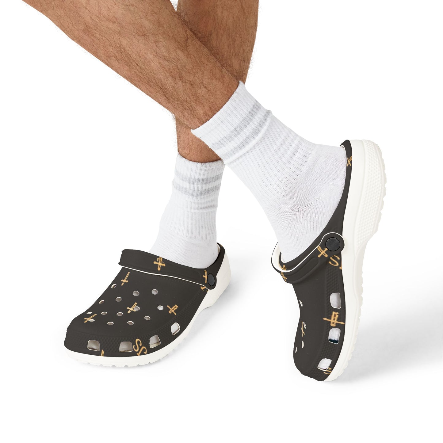 Adult EVA Foam Clogs with charms — Black Cross Pattern Christian Slip-Ons