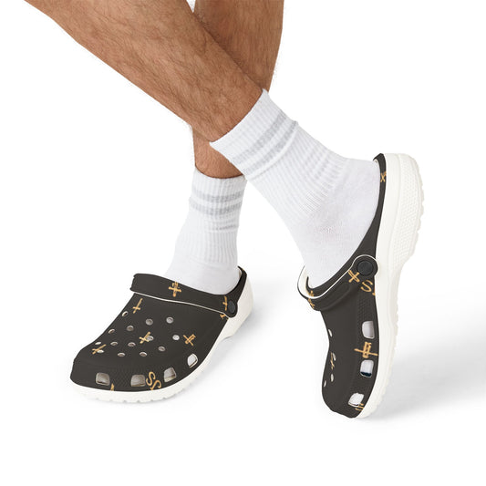 Adult EVA Foam Clogs with charms — Black Cross Pattern Christian Slip-Ons
