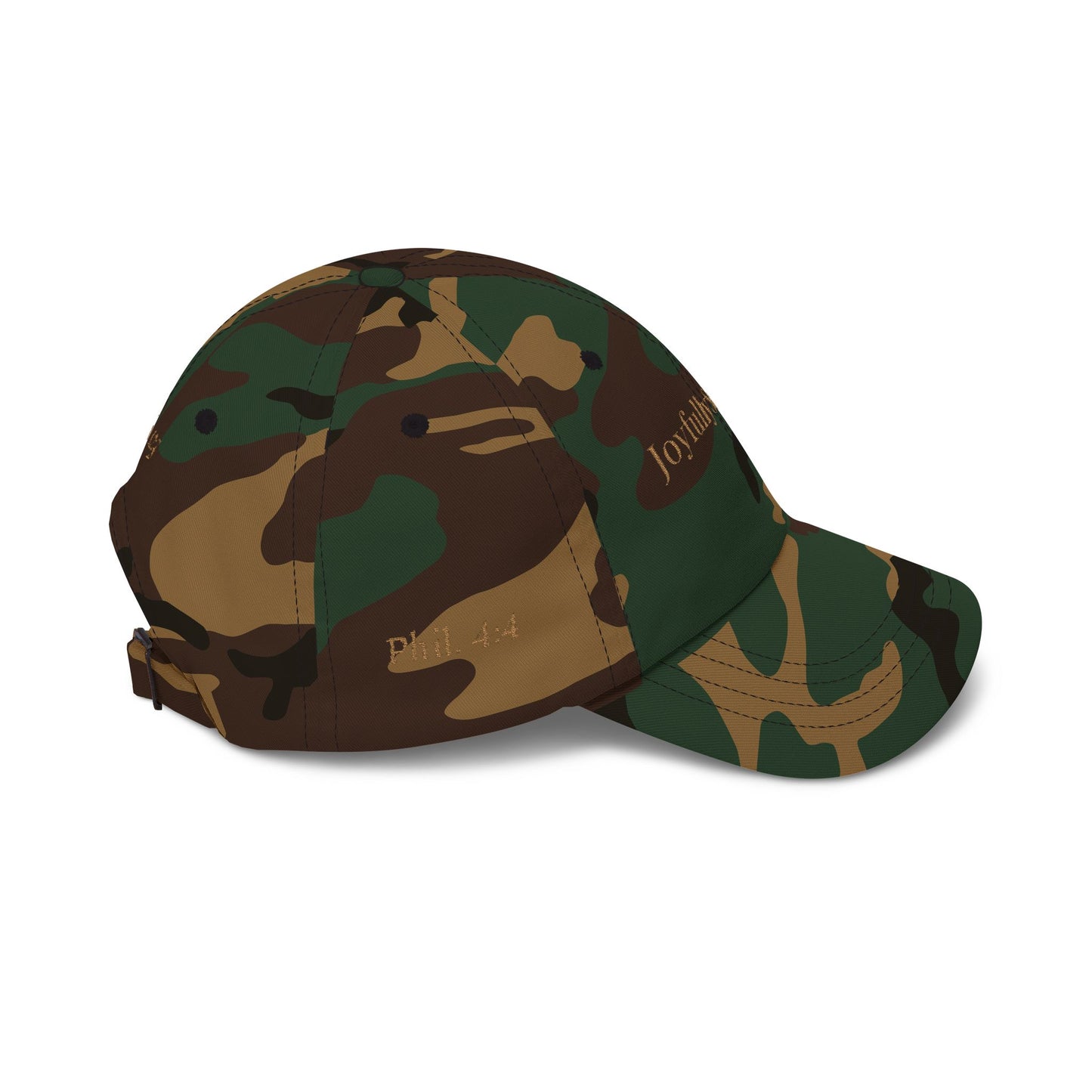 Classic "Dad" Cap, Cross logo with verses — Embroidered Christian Baseball Hat, Gold text