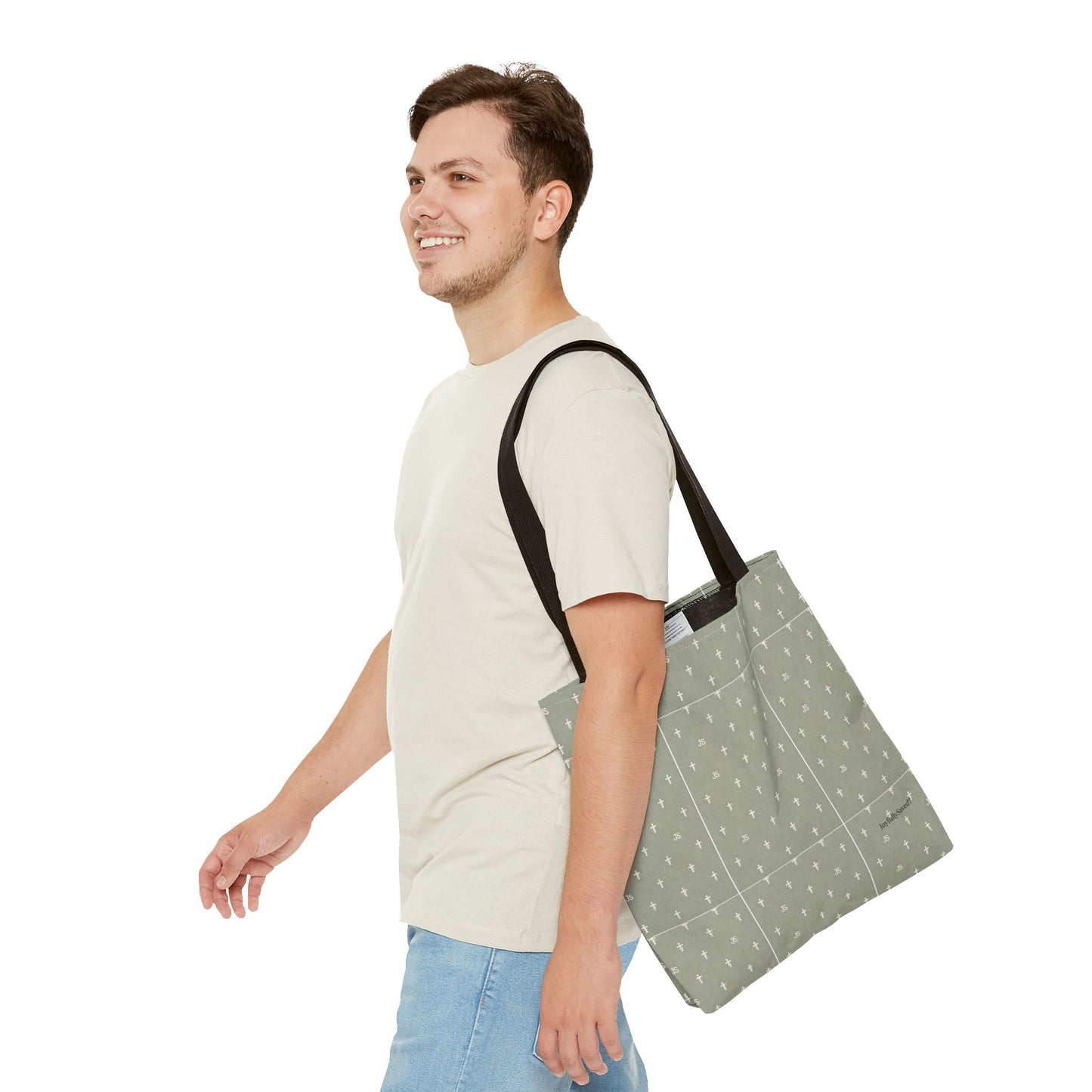 Cross Pattern Tote Bag — Sage Green AOP Canvas Tote, Christian
