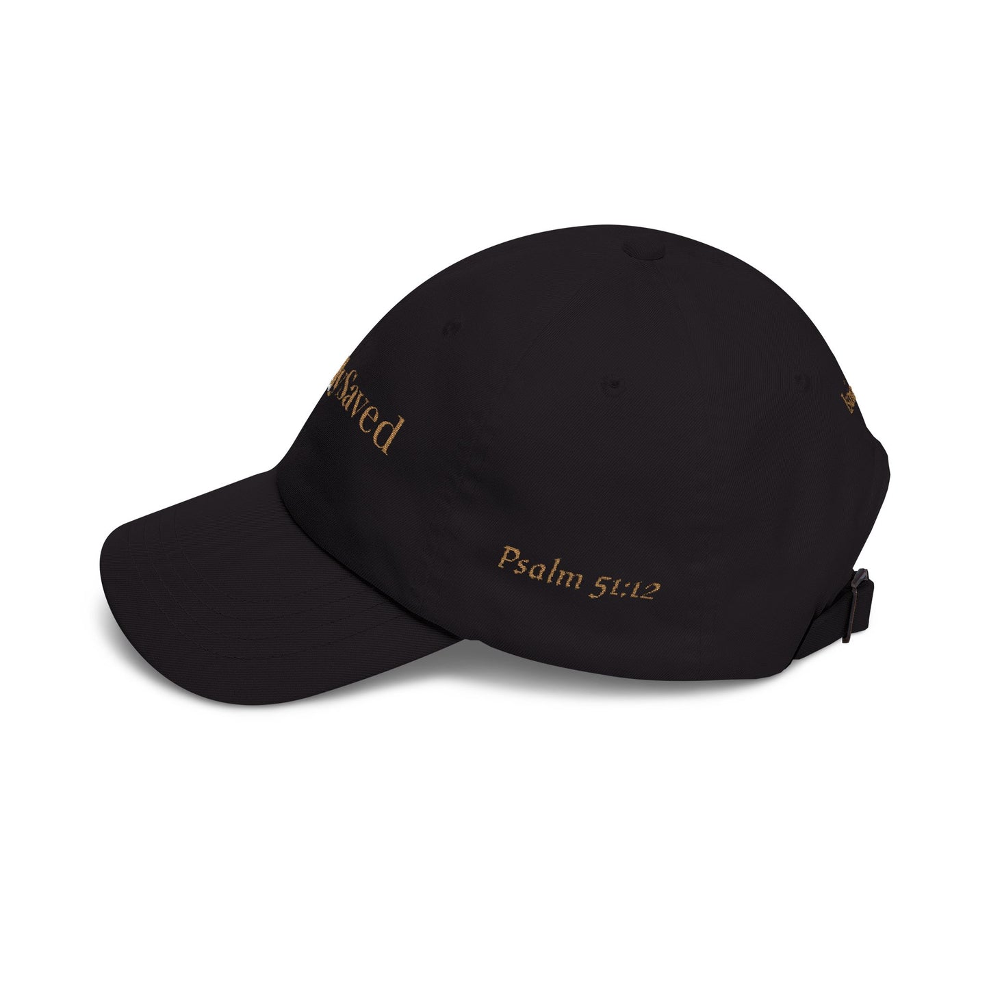 Joyfully Saved "dad" Cap, Logo with verses — Embroidered Hat, Gold text