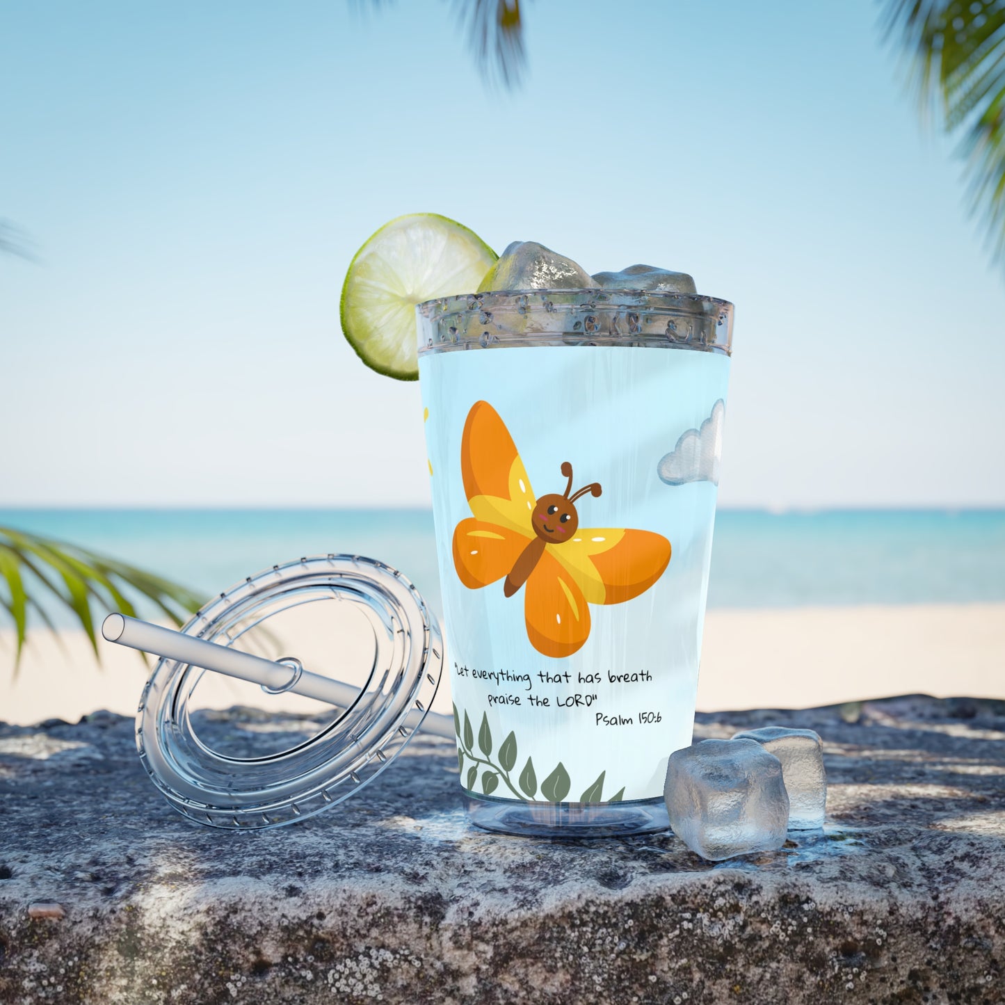 Butterfly & Sun 16oz Tumbler with Straw — 'Let everything that has breath' Psalm 150:6
