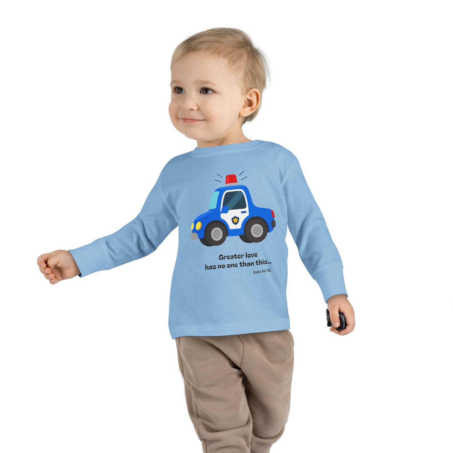 Christian Toddler Long Sleeve Tee — Police Car Kids Shirt (John 15:13)
