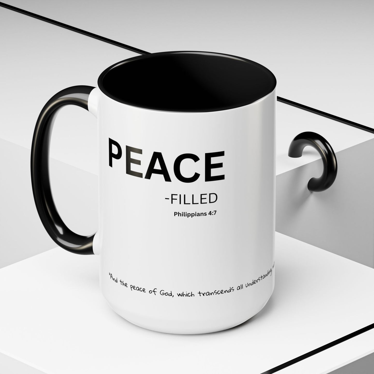 PEACE-filled Scripture Coffee Mug  Psalm 16: 11— 15 oz with Scripture Around Base (Accent, Colorful)