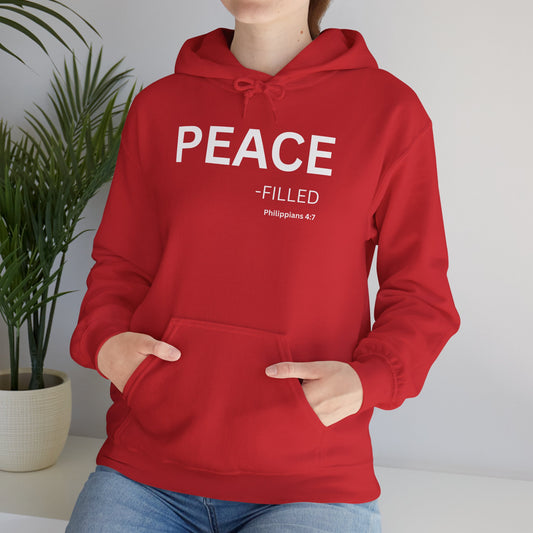 PEACE-filled Hoodie White Text — Minimal Christian Faith Pullover, Philippians 4:7