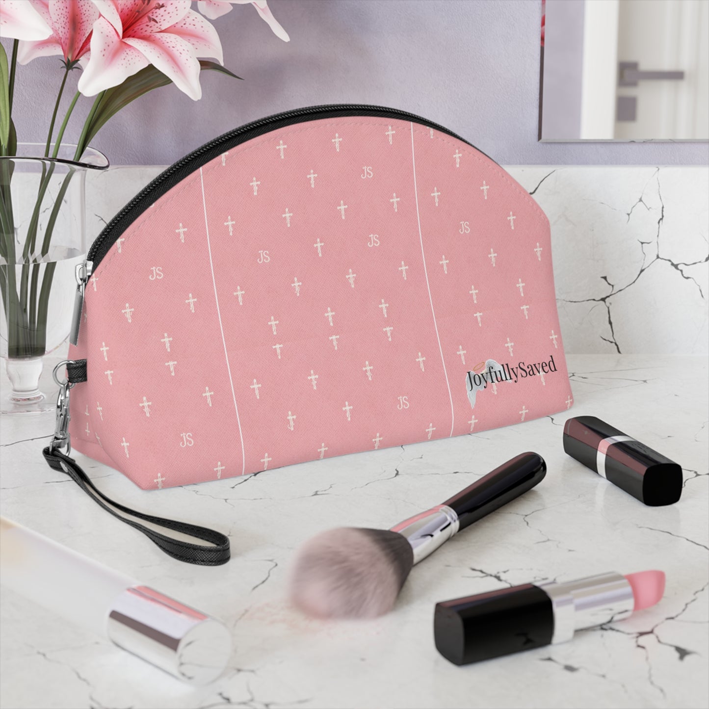 Gold Cross Pattern Makeup Bag — "Joyfully Saved" Pink Cosmetic Pouch -black logo