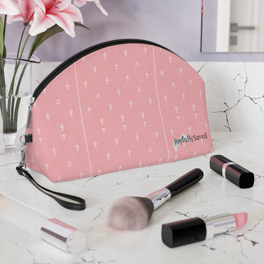 Gold Cross Pattern Makeup Bag — "Joyfully Saved" Pink Cosmetic Pouch -black logo