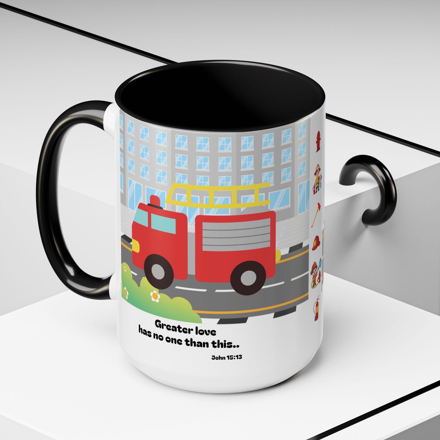 Fire Truck Coffee Mug — "Greater love has no one than this" Scripture Mug (11/15 oz)