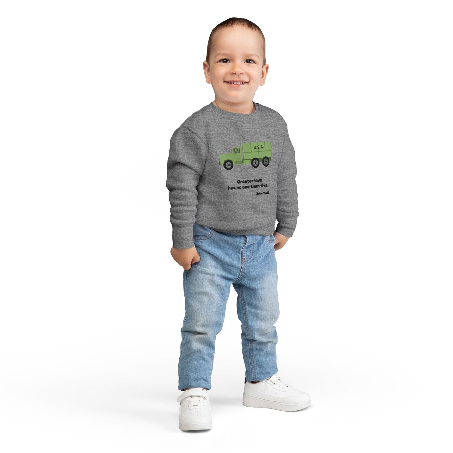Christian Toddler Sweatshirt • Military Truck  Kids Pullover (John 15:13)