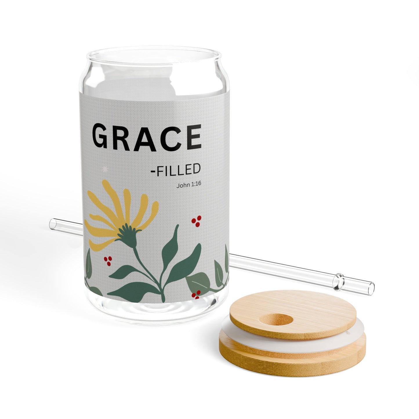 GRACE-filled Glass Can (16oz) — John 1:16, Floral Straw Tumbler | Christian Gift
