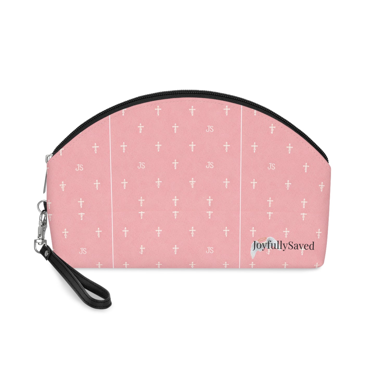 Gold Cross Pattern Makeup Bag — "Joyfully Saved" Pink Cosmetic Pouch -black logo