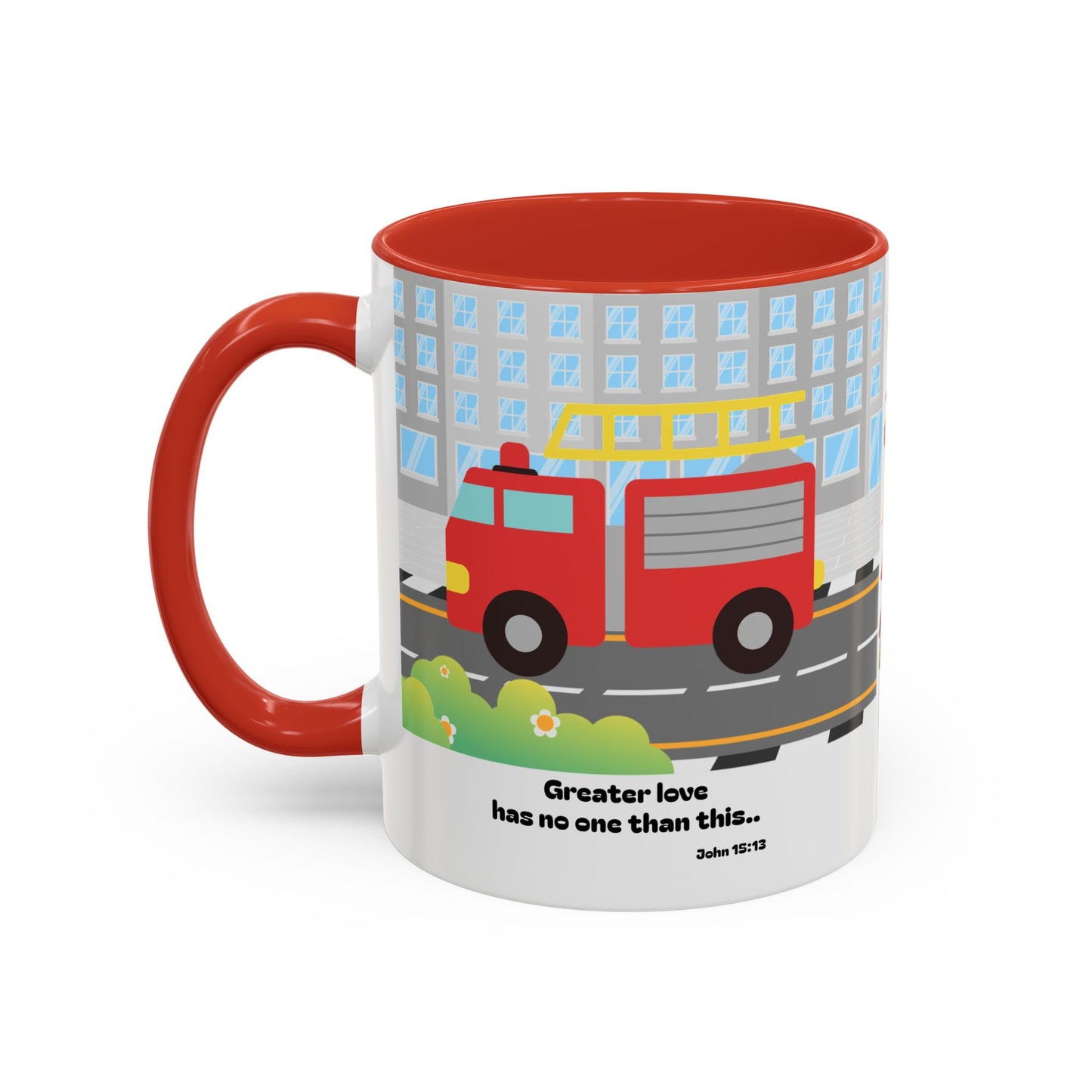 Fire Truck Coffee Mug — "Greater love has no one than this" Scripture Mug (11/15 oz)
