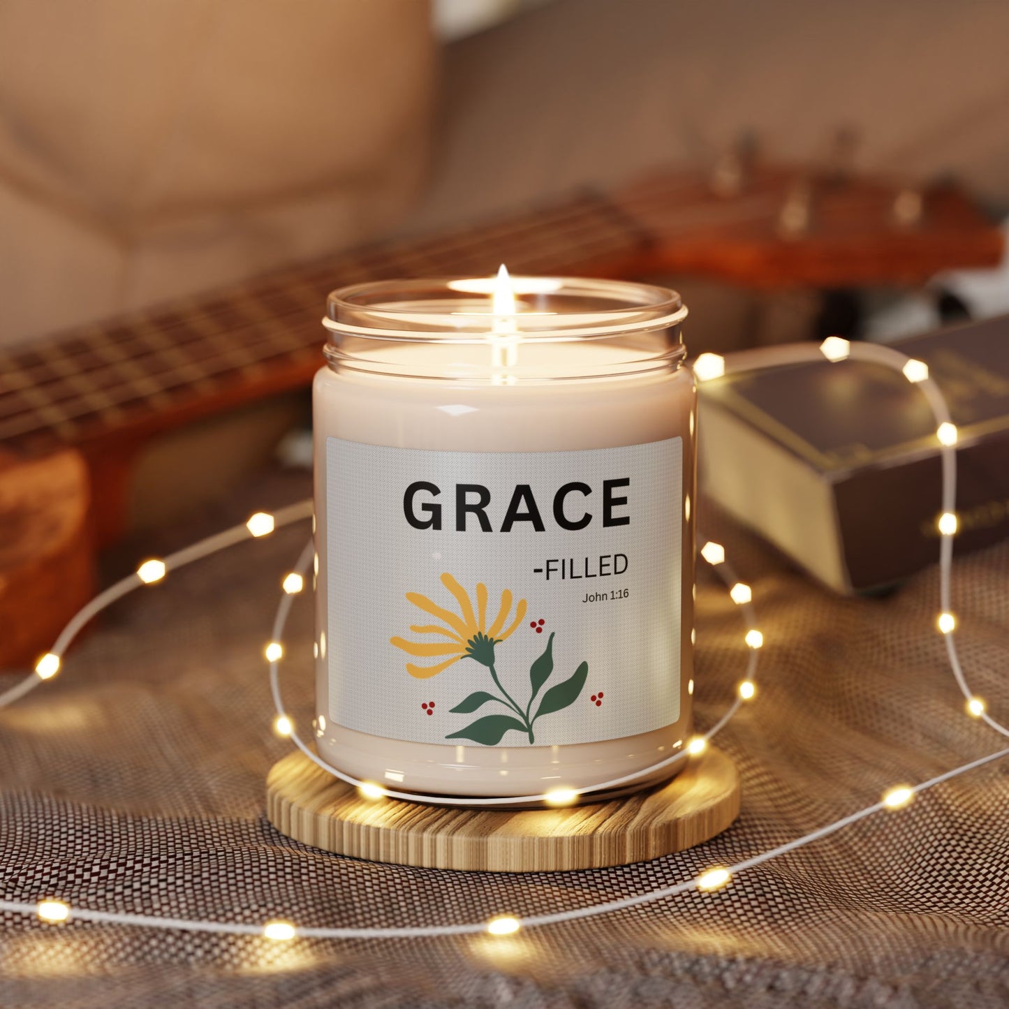Grace-filled Soy Candle — 9oz Scented Jar with Floral Design (John 1:16)