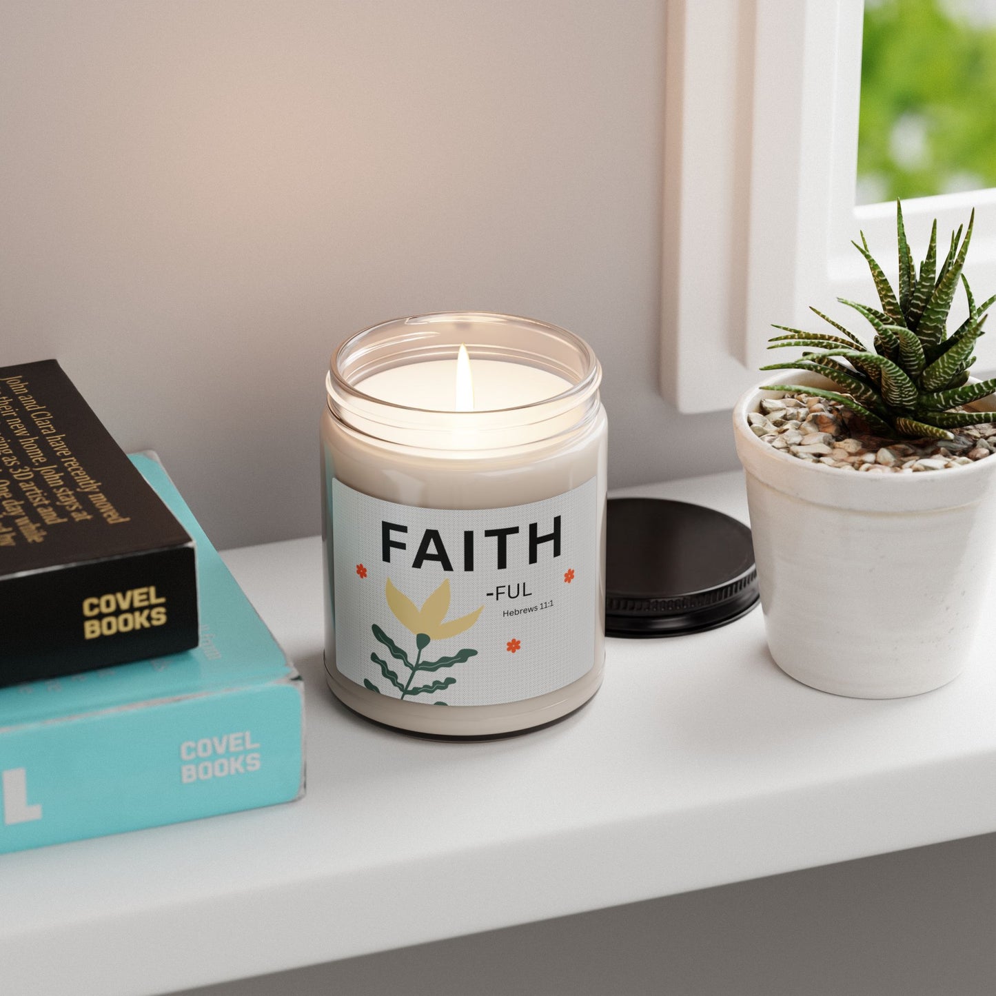 Faith-ful Soy Candle — 9oz Scented Jar with Floral Design (Hebrews 11:1)