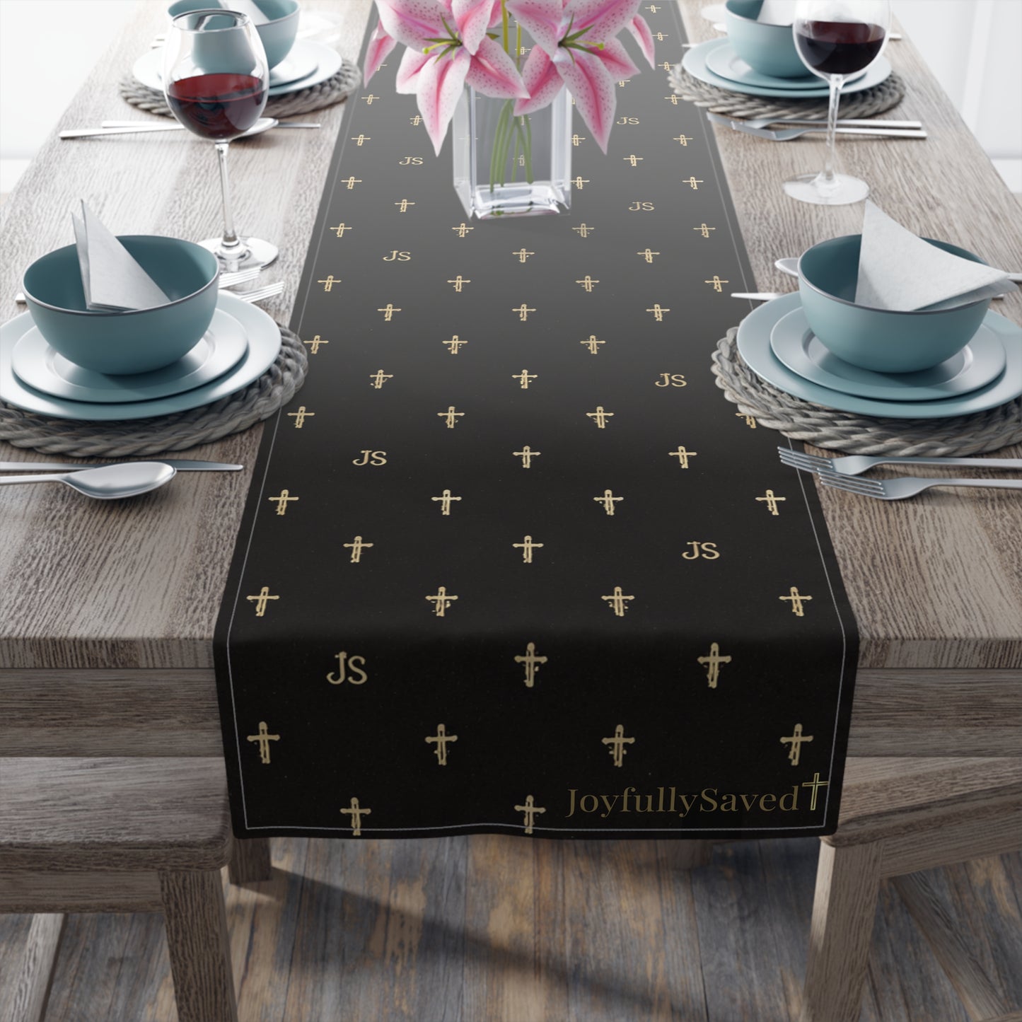 Signature Cross Table Runner, Black — JoyfullySaved Faith-Inspired Cotton/Poly Decor