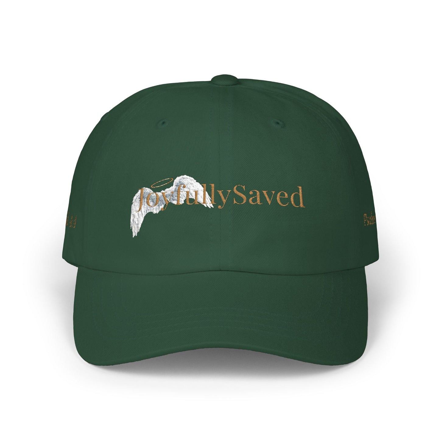 Joyfully Saved "dad" Cap, Logo with verses — Embroidered Hat, Gold text