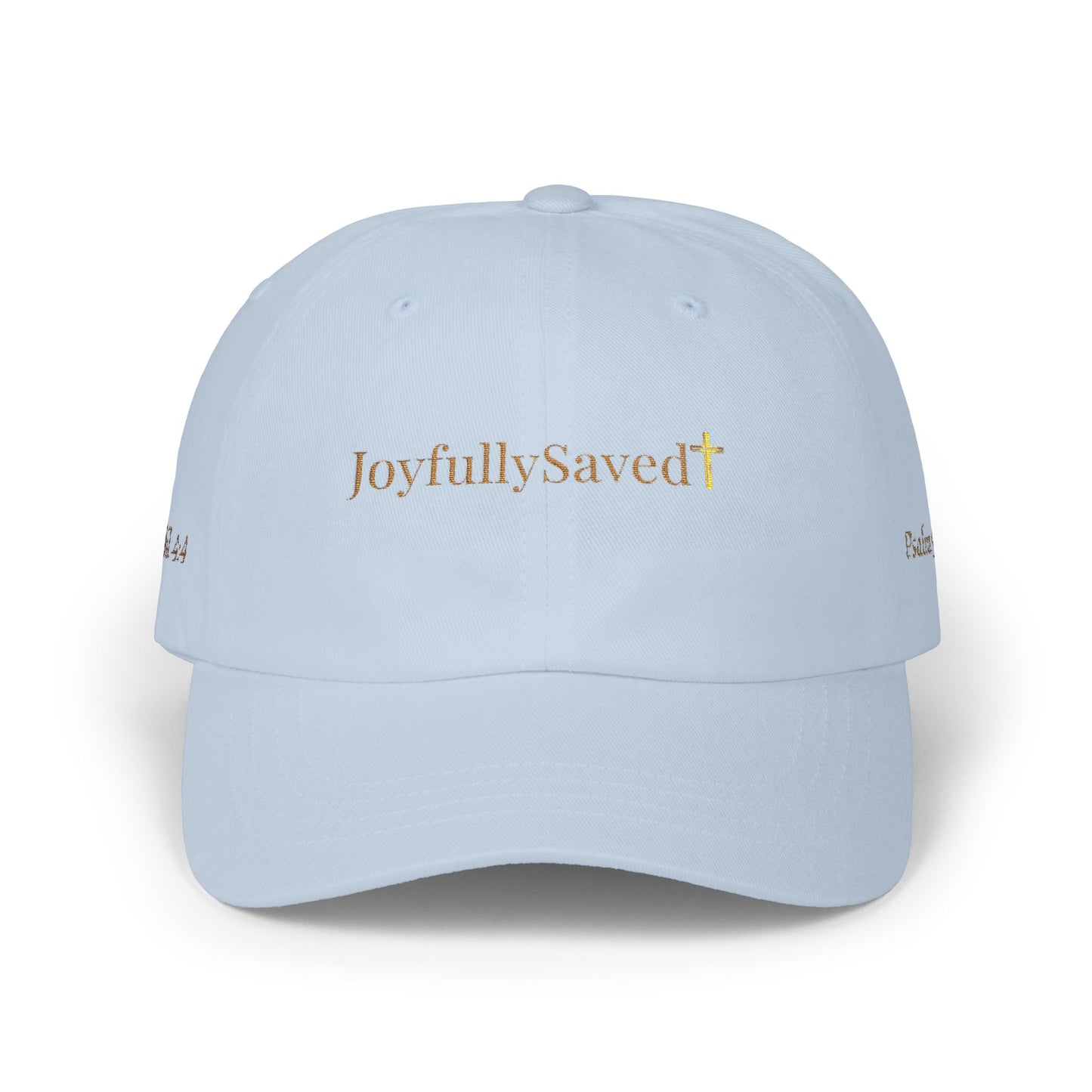 Classic "Dad" Cap, Cross logo with verses — Embroidered Christian Baseball Hat, Gold text