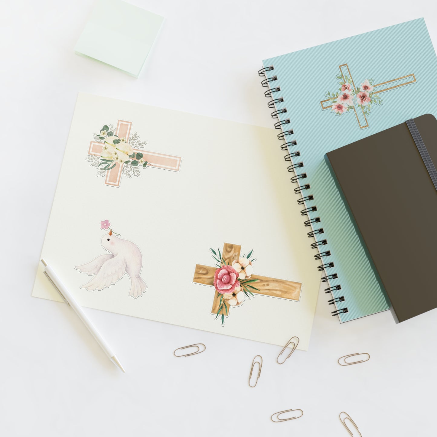 Christian Cross & Dove Floral Sticker Sheet — 4 Religious Faith Stickers
