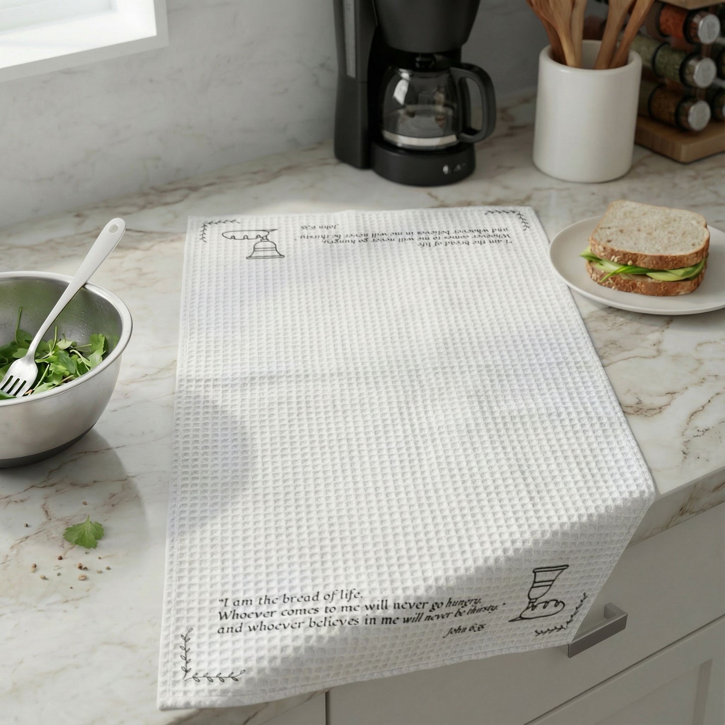 Christian Kitchen Hand Towel — 'I Am the Bread of Life' Waffle Weave Cotton (John 6:35)
