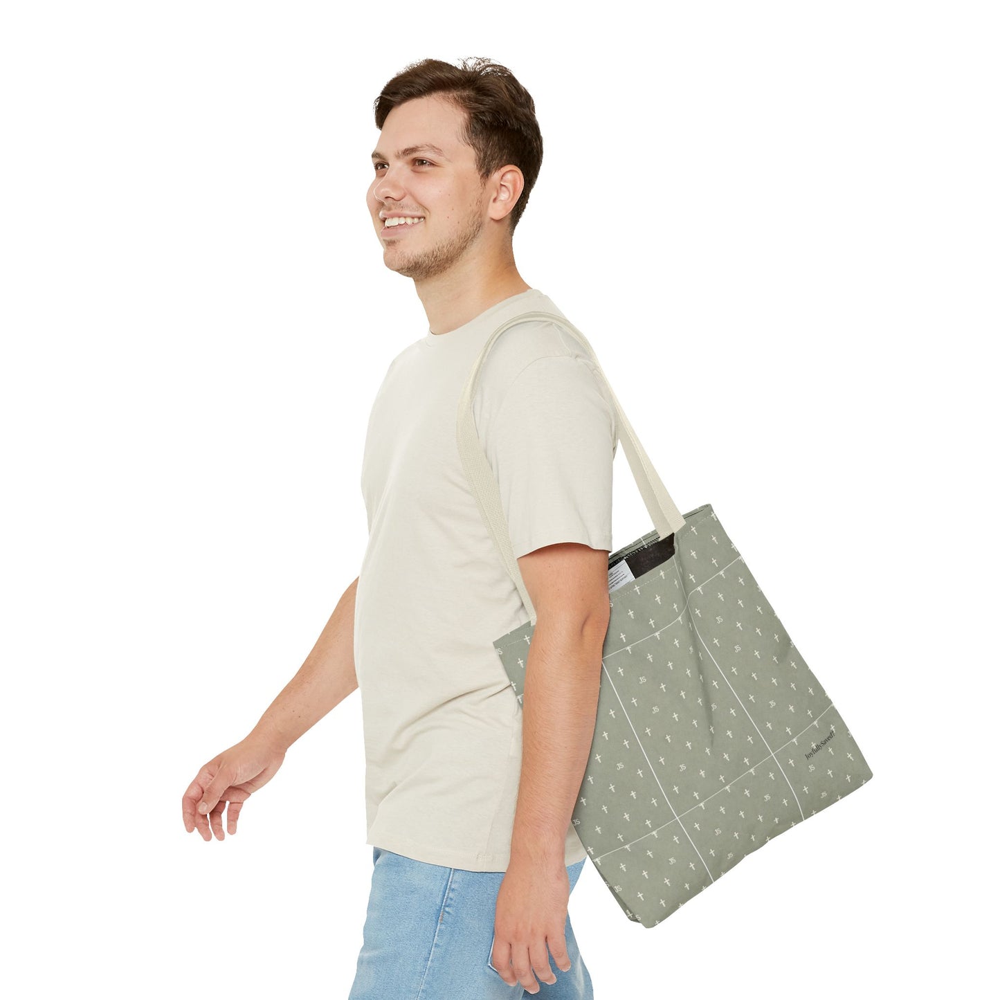 Cross Pattern Tote Bag — Sage Green AOP Canvas Tote, Christian