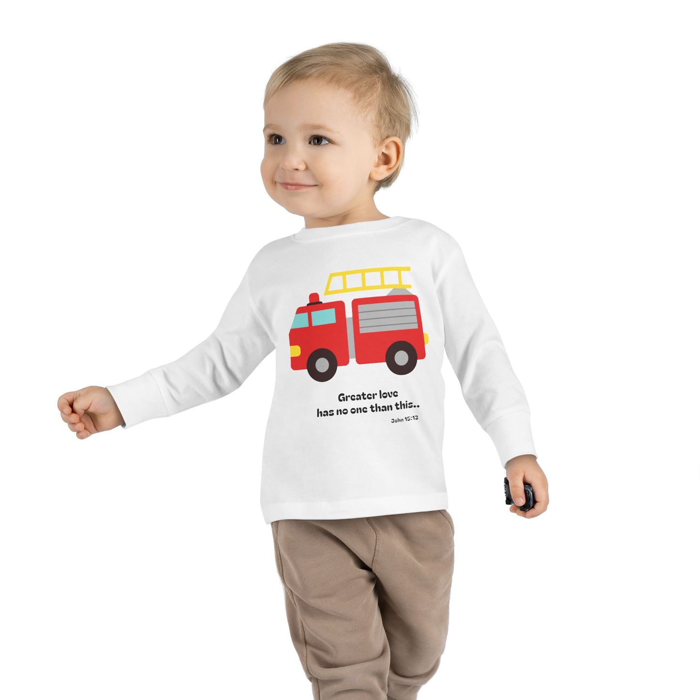 Christian Toddler Long Sleeve Tee — Fire Truck Kids Shirt (John 15:13)