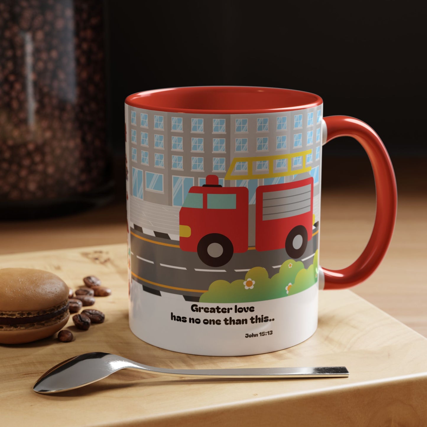 Fire Truck Coffee Mug — "Greater love has no one than this" Scripture Mug (11/15 oz)