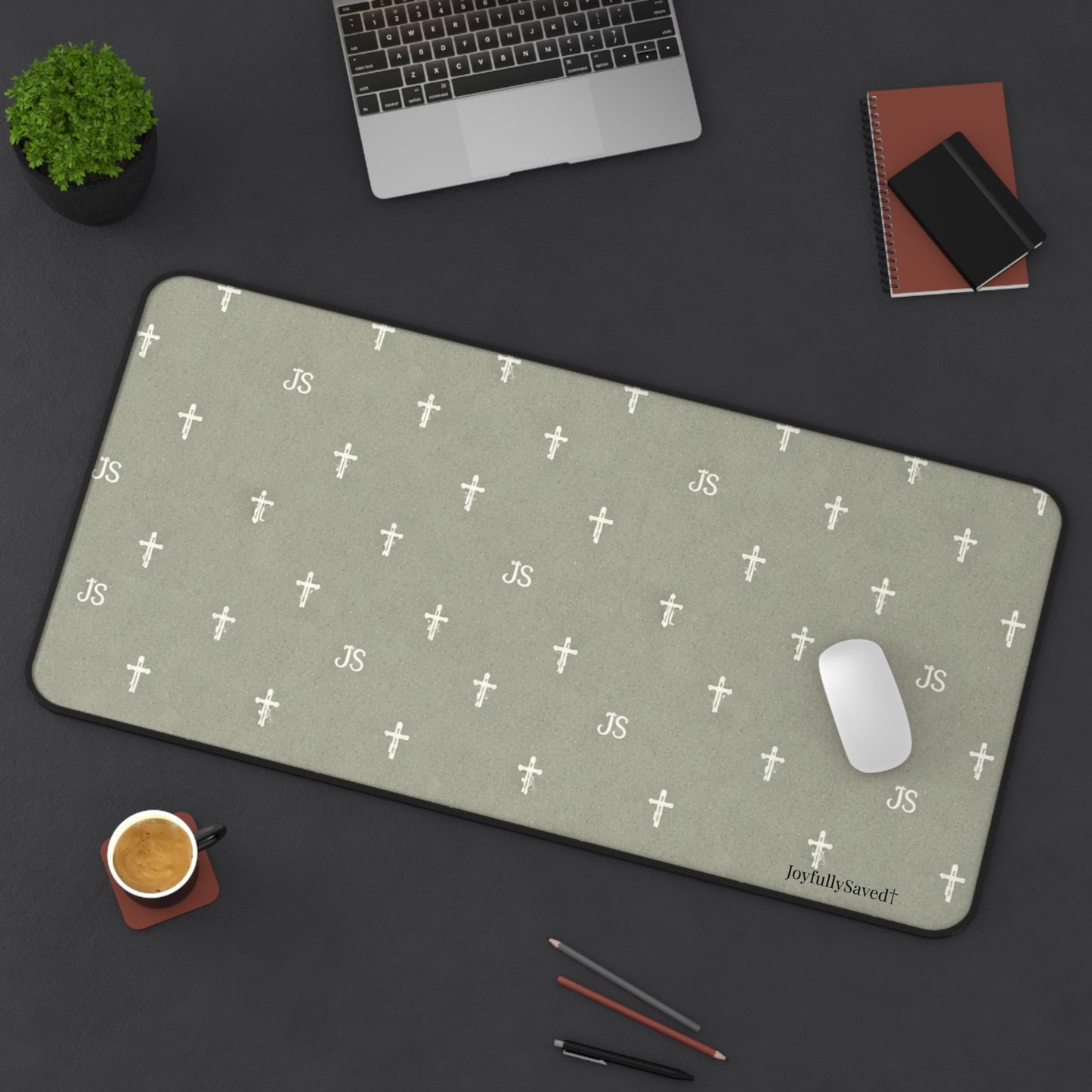 Christian Cross Pattern Desk Mat — "JoyfullySaved" Desk, Mouse Pad