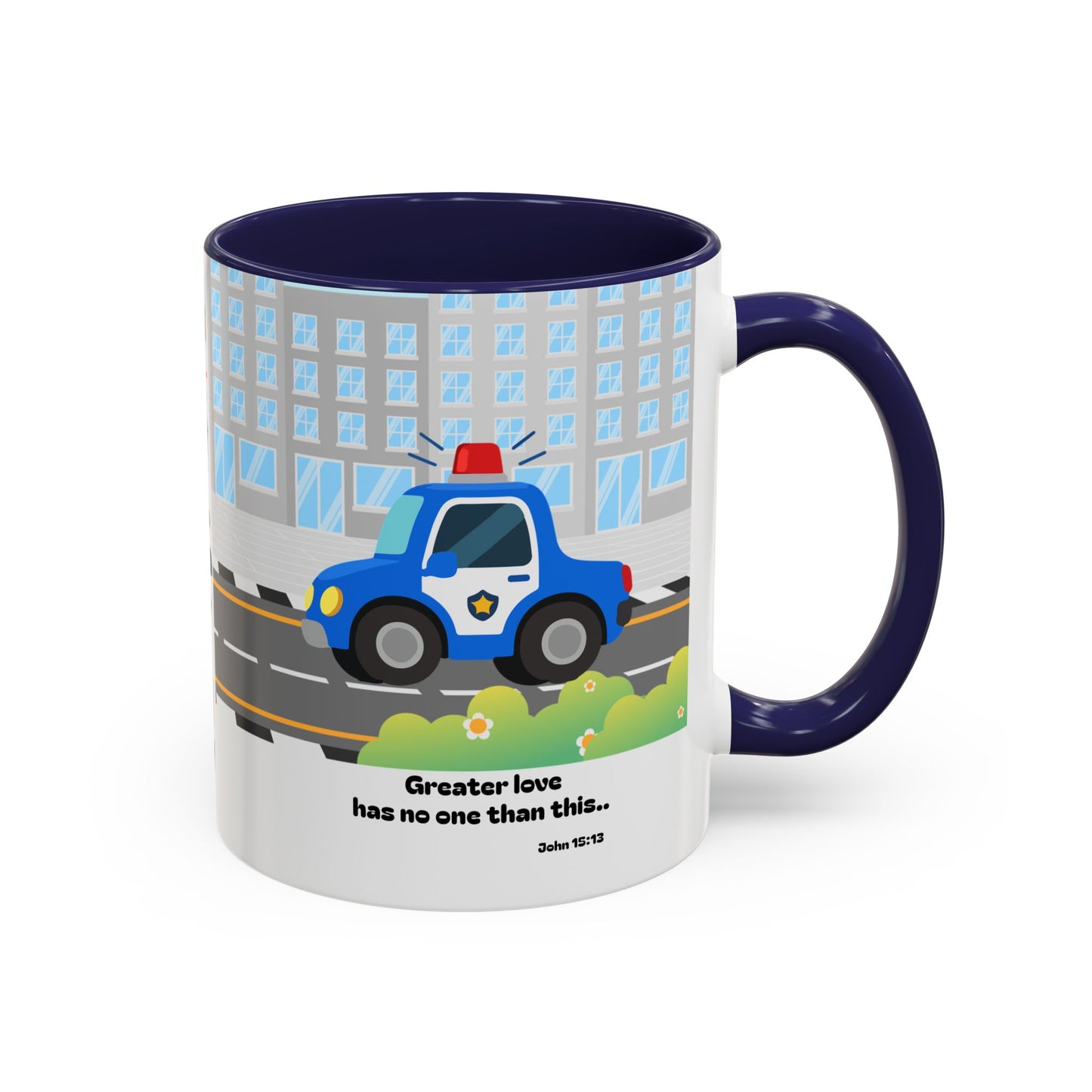 Police Car Coffee Mug — "Greater love has no one than this" Scripture Mug (11/15 oz)