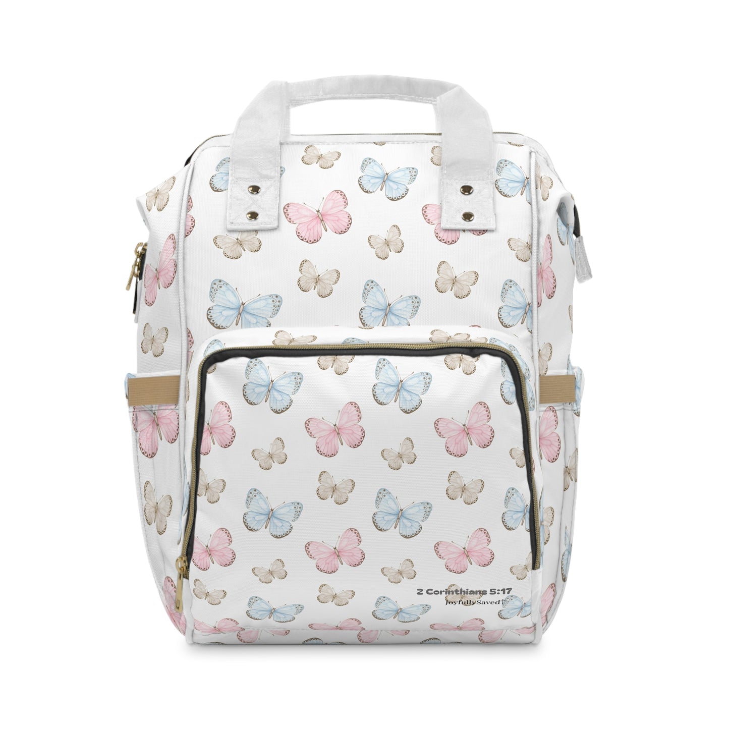 Pastel Butterfly Diaper Backpack — Christian Diaper Bag (2 Corinthians 5:17)