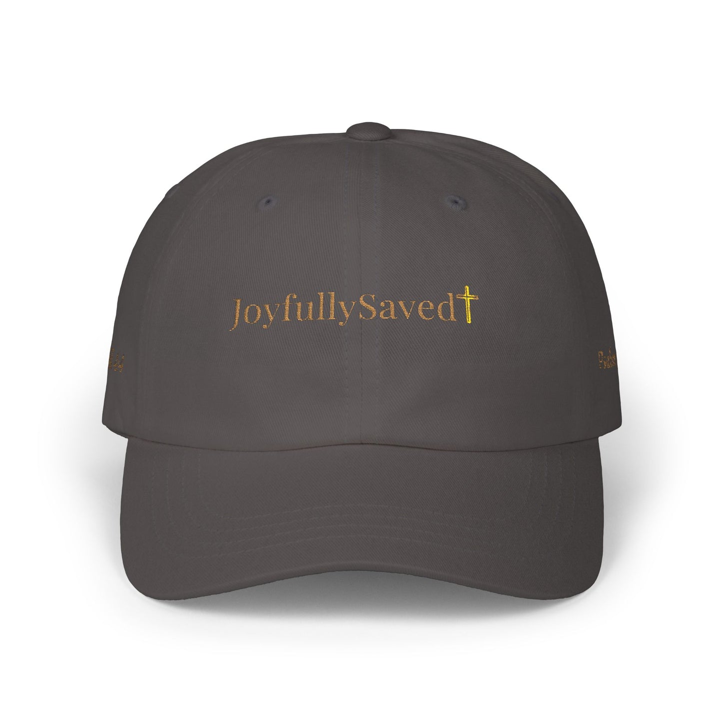 Classic "Dad" Cap, Cross logo with verses — Embroidered Christian Baseball Hat, Gold text