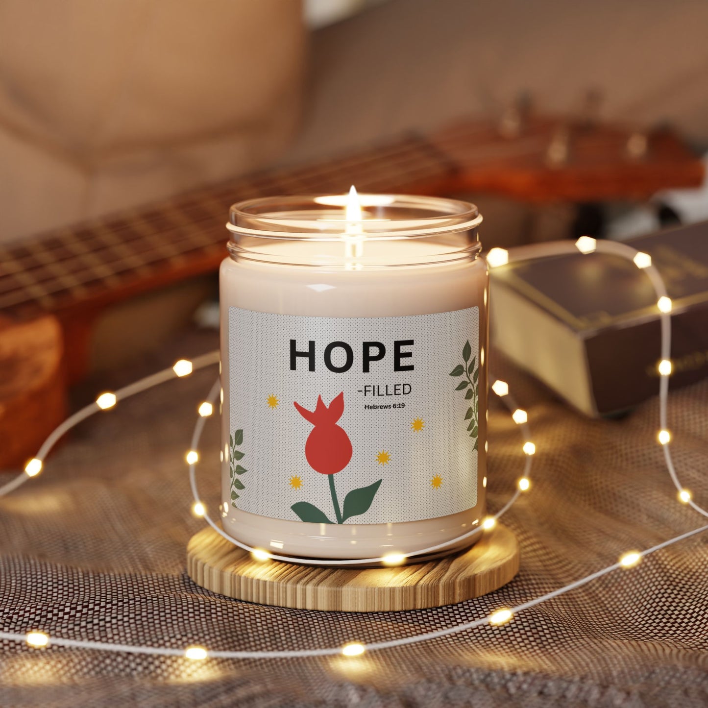 Hope-filled Soy Candle — 9oz Scented Jar with Floral Design (Hebrews 6:19)