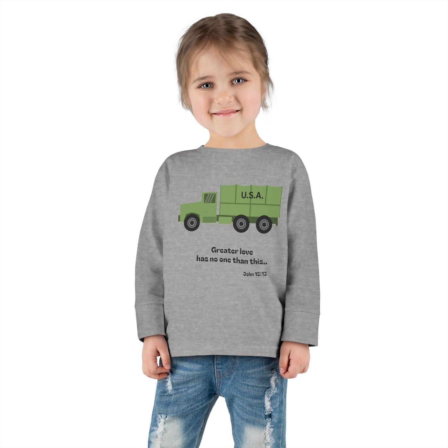 Christian Toddler Long Sleeve Tee — Military Truck Kids Shirt (John 15:13)