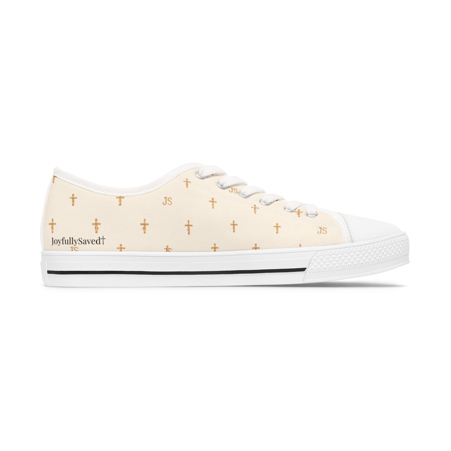 Joyfully Saved Cross Pattern Women's Low Top Sneakers — CREME, 'Wear Your Faith'