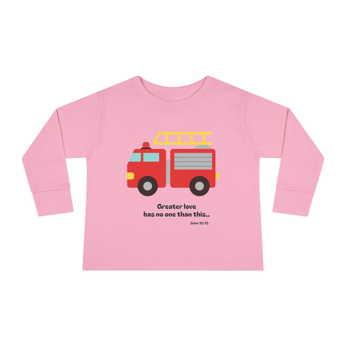 Christian Toddler Long Sleeve Tee — Fire Truck Kids Shirt (John 15:13)