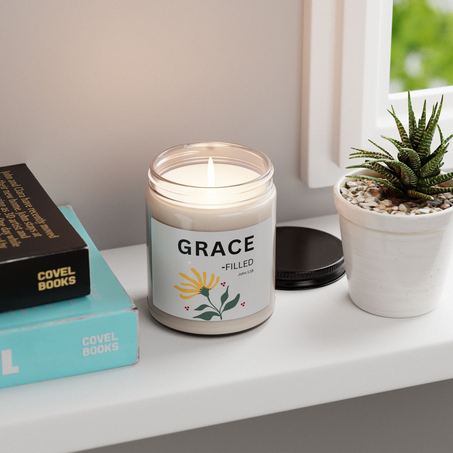 Grace-filled Soy Candle — 9oz Scented Jar with Floral Design (John 1:16)