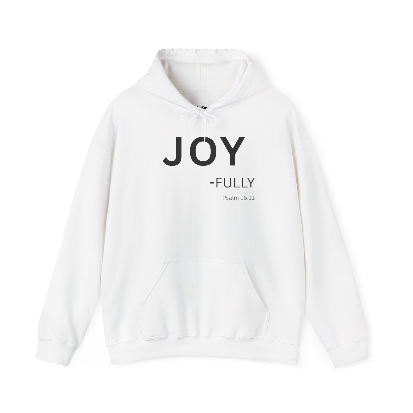 Joy-Fully Hoodie Black Text — Minimal Christian Faith Pullover (Psalm 16:11)