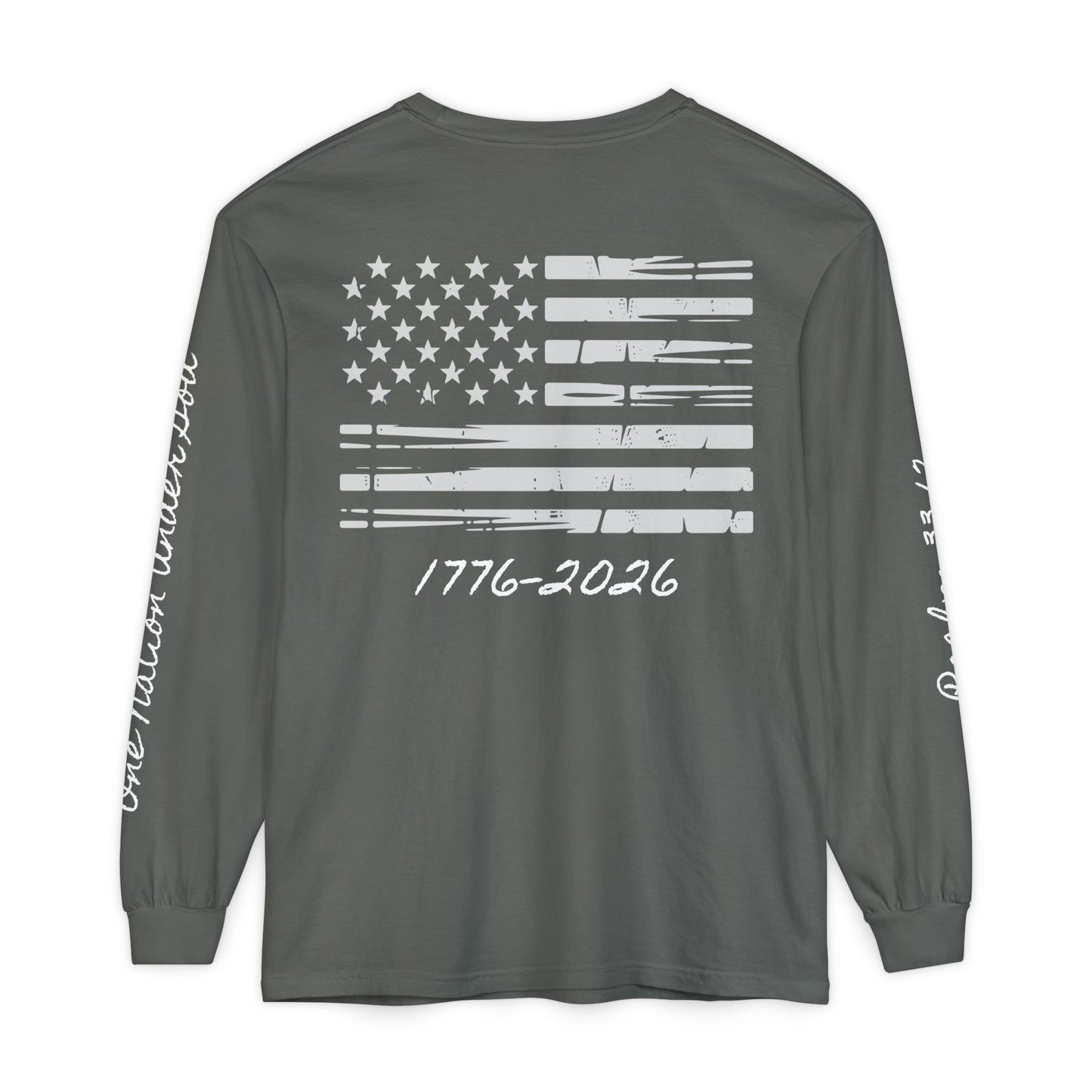 Christian Patriotic Long Sleeve Tee — "One Nation Under God" & Psalm 33:12 — USA 250 Anniversary