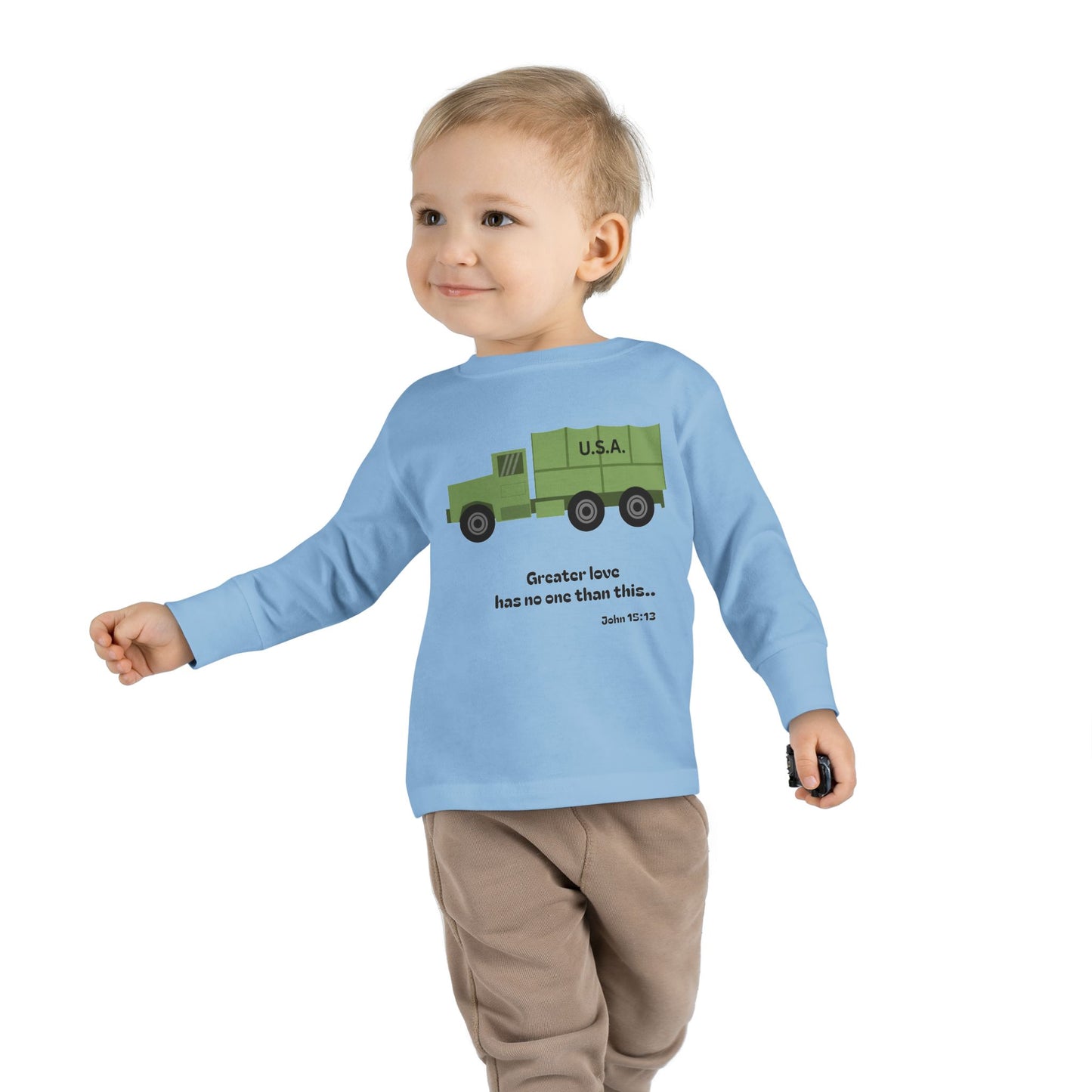 Christian Toddler Long Sleeve Tee — Military Truck Kids Shirt (John 15:13)