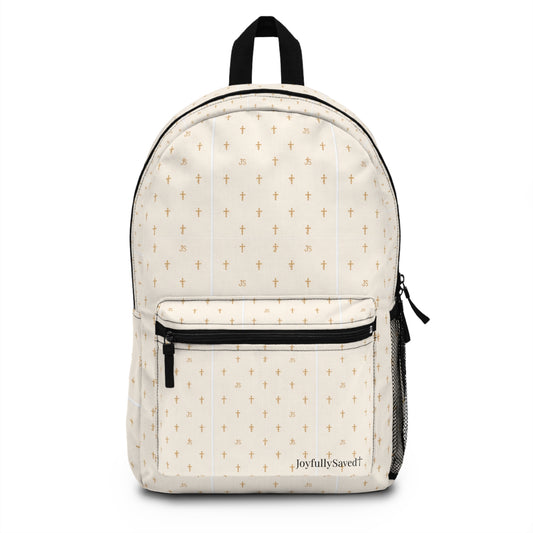 Joyfully Saved Cross Backpack — Cream colored Christian School Bag