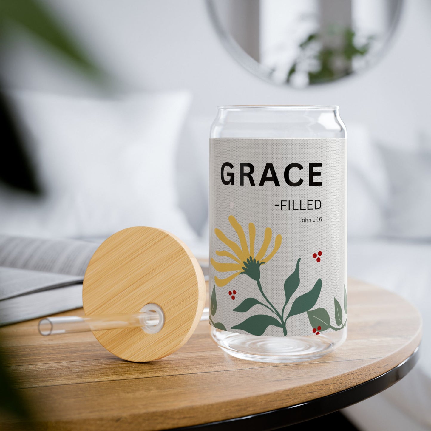 GRACE-filled Glass Can (16oz) — John 1:16, Floral Straw Tumbler | Christian Gift