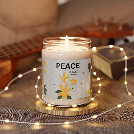 Peace-filled Soy Candle — 9oz Scented Jar with Floral Design (Philippians 4:7)