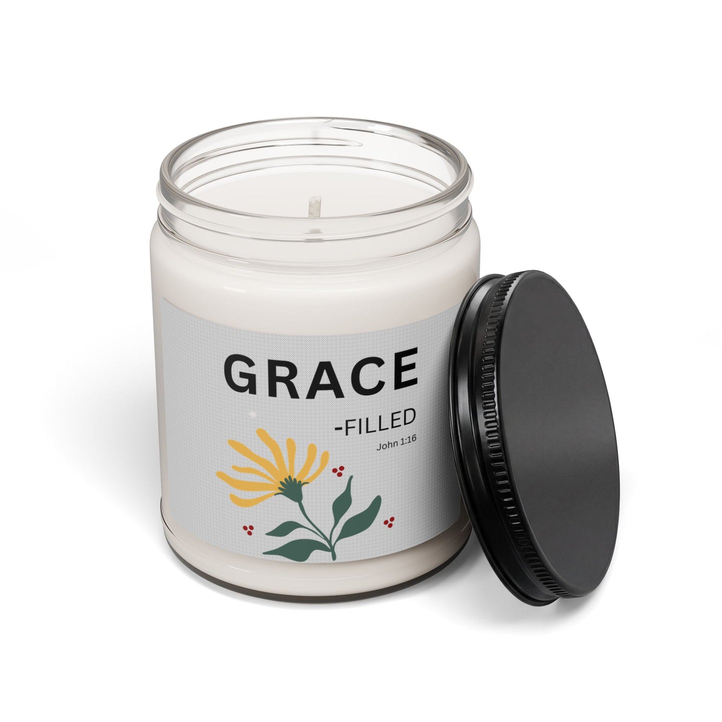Grace-filled Soy Candle — 9oz Scented Jar with Floral Design (John 1:16)