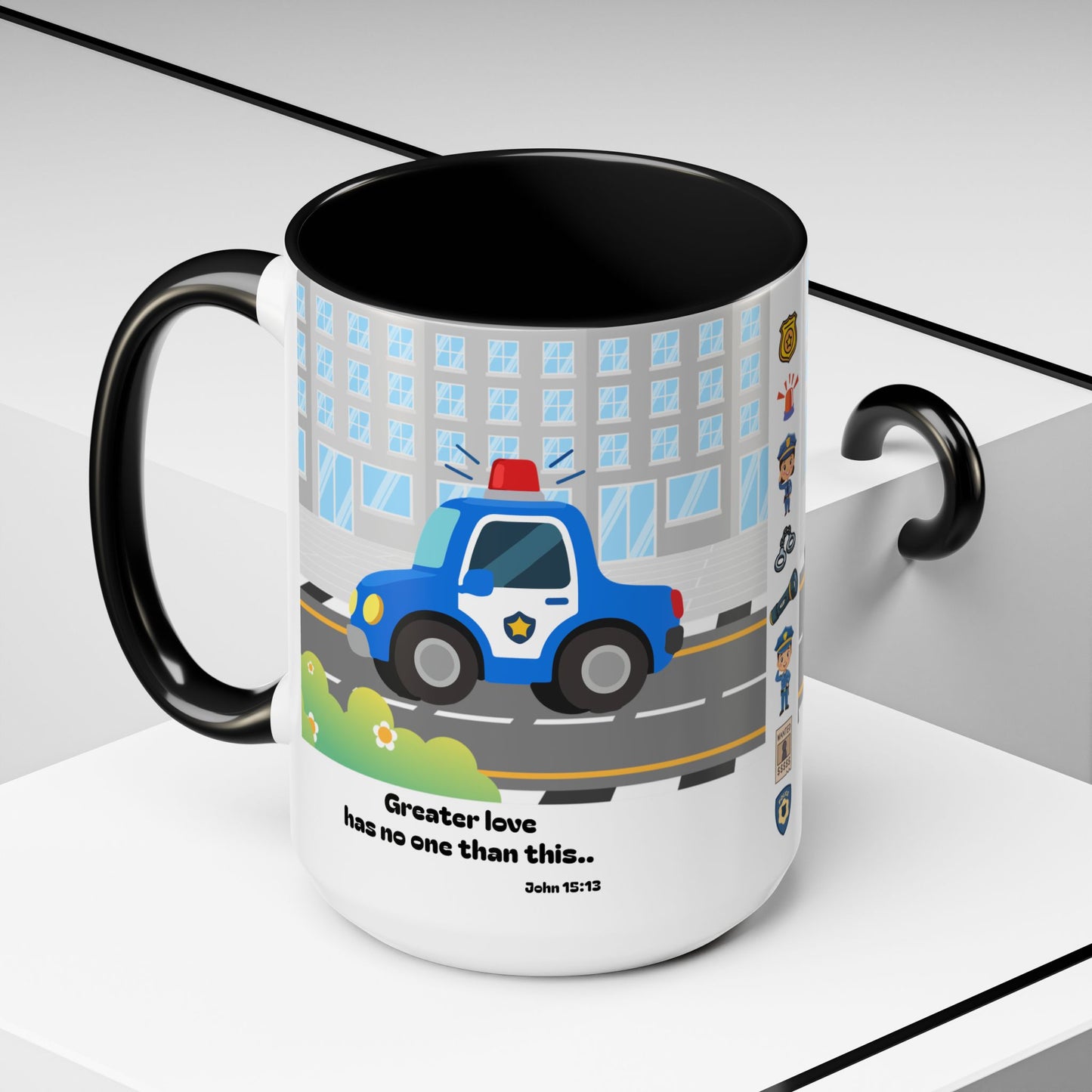 Police Car Coffee Mug — "Greater love has no one than this" Scripture Mug (11/15 oz)