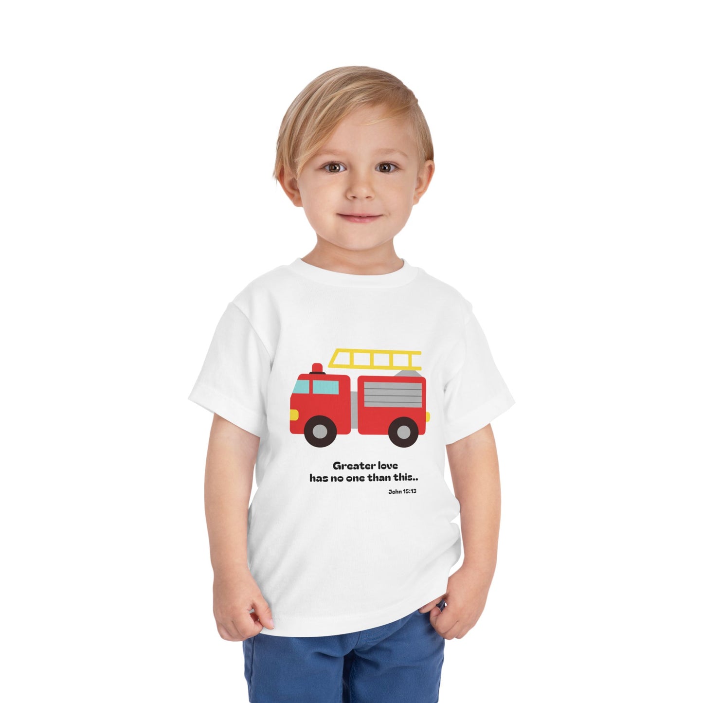 Christian Toddler Tee — Fire Truck Graphic (John 15:13)
